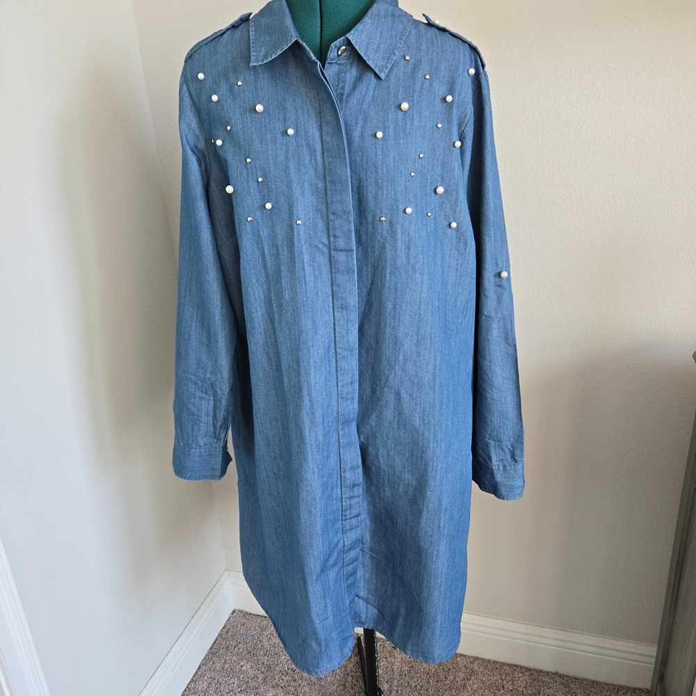 Given Kale Denim Dress Women 1X Blue Pearl Stud Embellished Button Up Sleeve